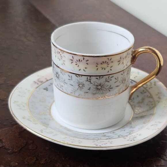 Vintage LightBlue Porcelain Tea Cup Saucer Set Gold Floral Design Demitasse Mini - Picture 2 of 7